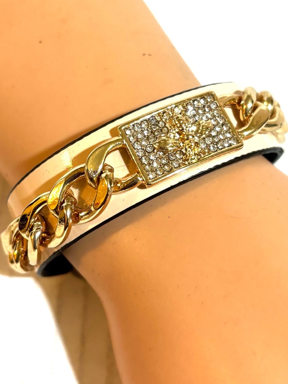 Gold Crystal Link Leather Bracelet - Women's Fashion Jewelry